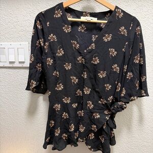 LOFT wrap peplum black floral blouse LP